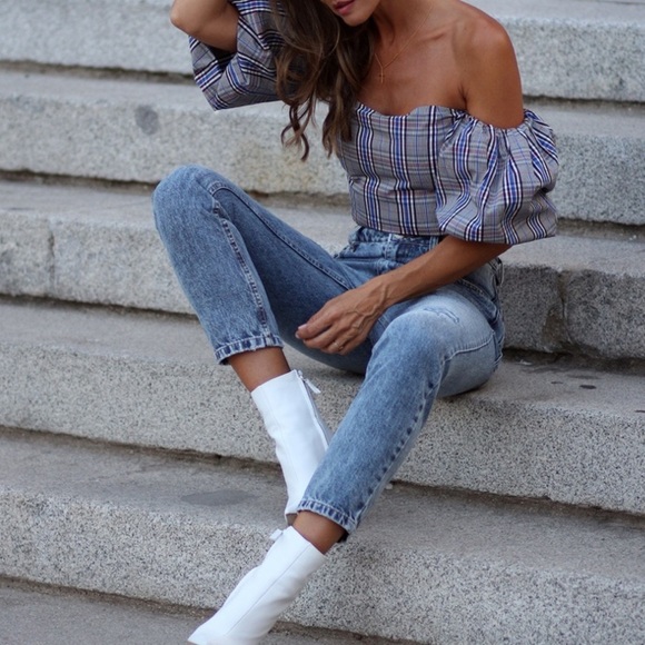 Zara plaid strapless top balloon sleeve - Picture 2 of 8